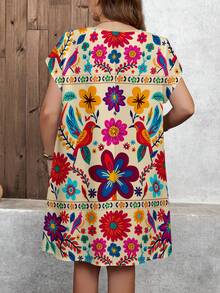 SHEIN LUNE 大码女式复古印花V领蝙蝠袖休闲连衣裙，适合度假、夏季穿着，也适合办公室、节日等场合，尽显波西米亚风情。 - 彩色 - 查看 2