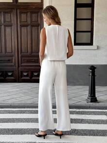 Pariaura Women's White And Black Summer Casual Holiday Vacation 2 Pieces Set,Wavy Strap Front Tie Sleeveless Vest And Flare Pants Outfit Two-Piece Set - White - View 2