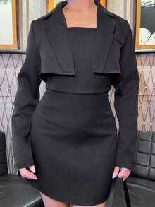 Bethéva 2pcs Set: Elegant Slim-Fit Blazer Jacket & Strapless Dress, Suitable For Commuting, Autumn/Winter - Black - View 3