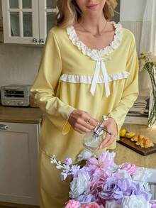 SHEIN 浅黄色梭织面料女士长袖长裤荷叶边浪漫清新睡衣套装 - 紫色 - 查看 6