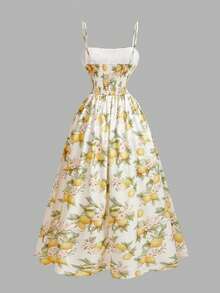 SHEIN MOD 女士度假水果印花荷叶边优雅吊带中长连衣裙 - 彩色 - 查看 6