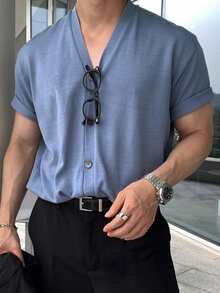 DAZY 男士纯蓝色短袖针织衫，夏季 - 藍色 - 查看 1