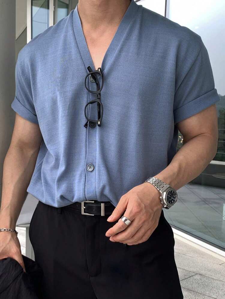 Men's Solid Blue Short Sleeve Knit Top, Summer