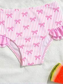 2pcs Baby Girls' Butterfly & Striped Print Ruffle Trim Beach/Swimming Suit Set - Multicolor - View 4