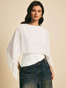 Poéselle Áo thun nữ màu trơn cổ tròn, kiểu dáng ôm sát, vạt áo bất đối xứng. - trắng - Xem 7