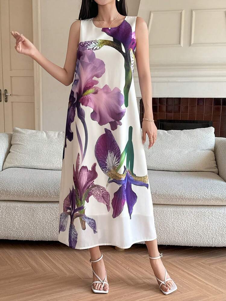 DAZY Women's Elegant Floral Print Round Neck Sleeveless Mid-Length Dress, Summer Wedding Guest Dress - Purple - View 4