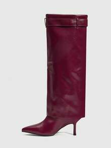 Daringsoles Women's Pointed Toe Buckle Design PU Leather Thigh High Boots, Fashionable & Versatile For Daily Wear - Burgundy - View 4