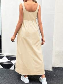 SHEIN Maternity Solid Color Square Neck Pocketed Casual Sleeveless Dress - Apricot - View 2