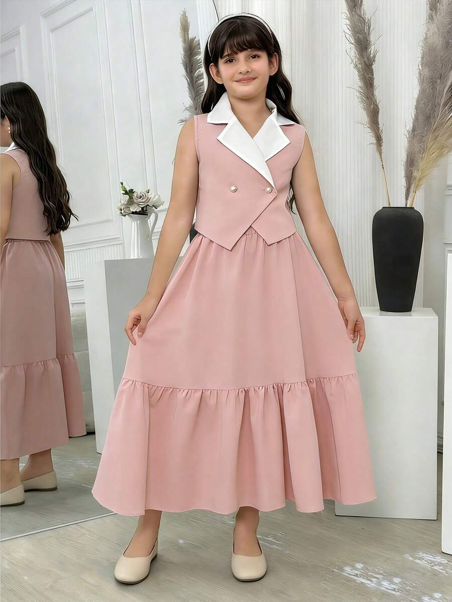 SHEIN 少女粉色仿珍珠纽扣外套和粉色裙子套装 - 粉色 - 查看 1