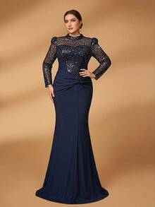 Serin Abito lungo da sirena con maniche lunghe in chiffon, decorato con patchwork di perline e paillettes, in colore blu navy, con arricciature elastiche e dettagli attorcigliati, adatto per matrimoni, feste, vacanze, balli, eventi serali, madre della sposa, taglie comode - Blu Navy - Visualizzare 7