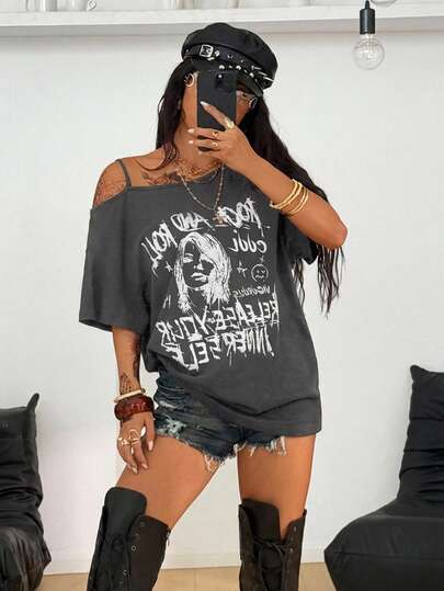 Coolane Women's Summer Daily Wear Y2K Hip-Hop Vintage Streetwear Knit Number Pattern Star Pattern Stretchy Comfortable Asymmetrical Neck Navy Over Size Shortsleeve Pullover T-Shirt For Music Festival