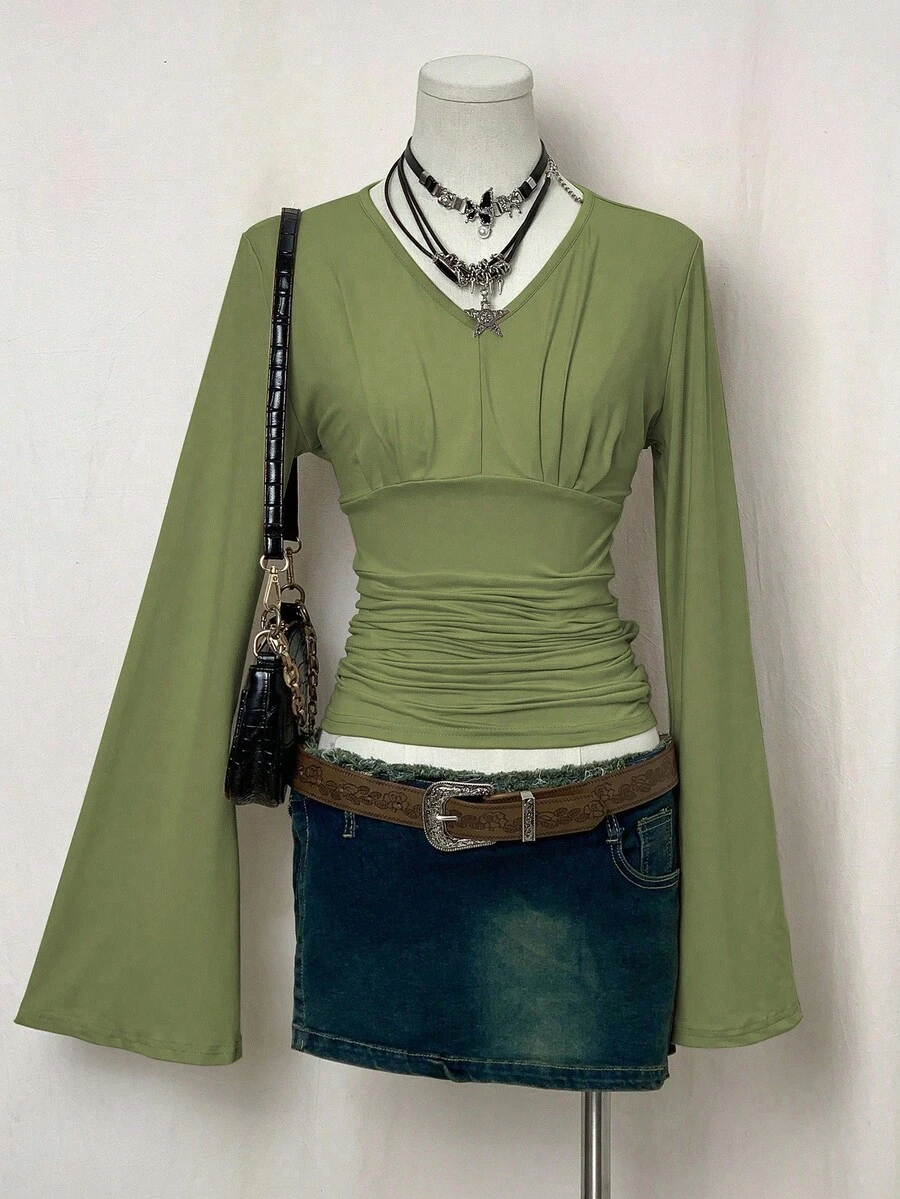 EgrlEra Áo thun dài tay bó eo tối giản màu trơn dành cho nữ, mặc hàng ngày - xanh quân đội - Xem 1