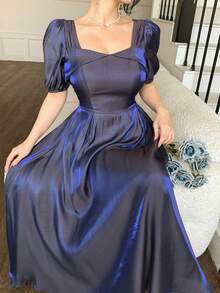 DAZY 女士优雅纯色泡泡袖中长连衣裙，夏季婚礼宾客礼服 - 紫色 - 查看 5