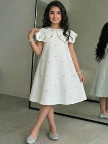 Tween女孩春夏優雅水鑽方領A字洋裝，適合婚禮季花童禮服，杏色 - 杏色 - 查看 4