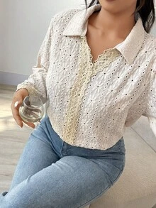 Elenzga 杏色弹力刺绣镂空长袖蕾丝边衬衫 - 春夏度假风大码上衣 - 杏色 - 查看 6