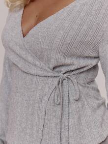 MUSERA Ribbed Long Sleeve Wrap Around Tie Top Cute Cosy Spring Everyday Sugar Swizzle - Grey - View 2