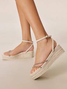 Styleloop 女士时尚编织休闲坡跟凉鞋，水钻装饰波西米亚度假风复古法式帆布坡跟踝带凉鞋，西部风格，音乐节派对服装春夏鞋履，春假复活节 - 米色1 - 查看 5