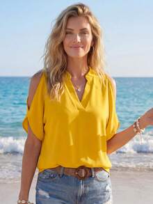 SHEIN LUNE Solid Cold Shoulder Notched Neck Blouse,Short Sleeve Tops - Yellow - View 5