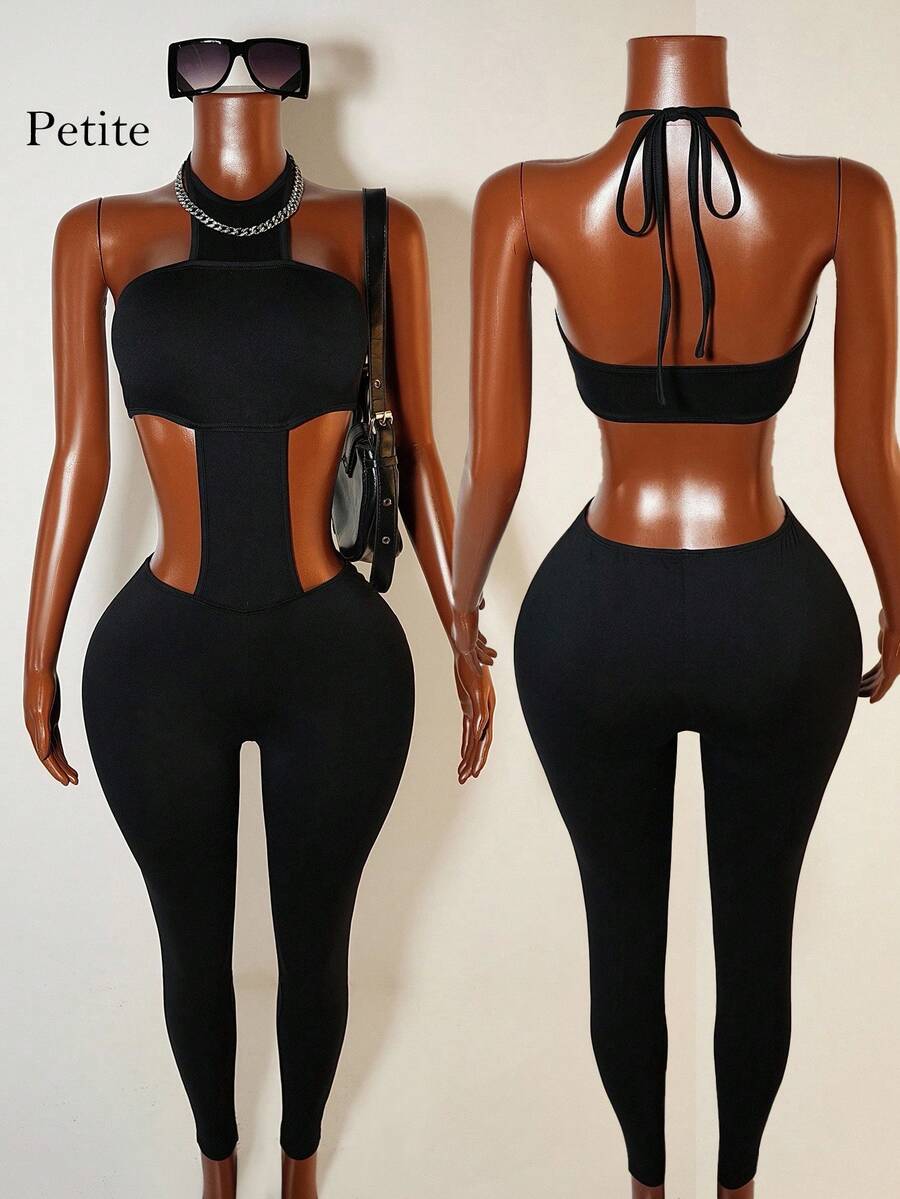 Mistrie Women's Fashionable Sexy Solid Color Halter Jumpsuit - Black - View 1