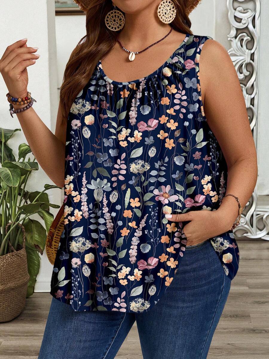 EMERY ROSE Plus Size Loose Fit Casual Sleeveless Top With Ruched Wide Straps, Suitable For Spring/Summer - Multicolor - View 1