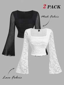SHEIN MOD 2pcs/Set Women Square Neck Flare Sleeve Mesh Fashion T-Shirt, 2-Pieces Set, Black & White Top, Valentines, Spring/Summer , Festival, Country, Prom Top, Cute Top, Casuals, Elegant Women's Top - Black and White - View 1