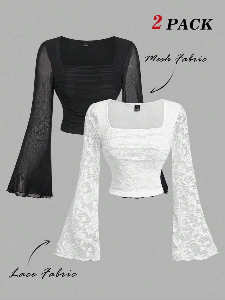SHEIN MOD 2pcs/Set Women Square Neck Flare Sleeve Mesh Fashion T-Shirt, 2-Pieces Set, Black & White Top, Valentines, Spring/Summer , Festival, Country, Prom Top, Cute Top, Casuals, Elegant Women's Top - Black and White - View 1