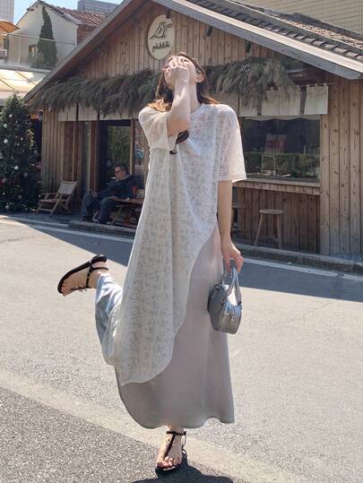 DAZY 女士圆领蕾丝韩版短袖休闲T恤连衣裙两件套