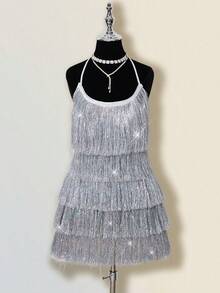 SHEIN ICON 女士多层亮片流苏优雅吊带迷你连衣裙 - 銀色 - 查看 3