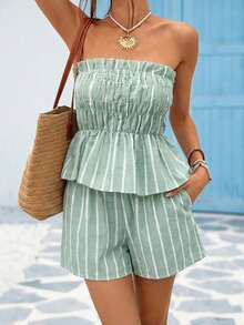 Vivid Eden 度假休闲条纹抹胸上衣和短裤套装 - 綠色 - 查看 2