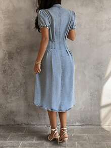 Sunnyshic 女士牛仔超长高开衩连衣裙 - 藍色 - 查看 2