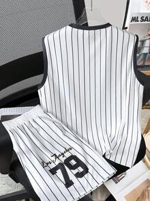 Manfinity Campus Court 男士宽松印花背心套装，运动风，男士洛杉矶英式马甲套装，细条纹撞色领，超大数字，春夏皆宜，夏季，度假，复古，外出，派对，节日，送给男友的礼物，街头风，健身 - 彩色 - 查看 2