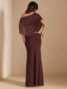 SHEIN BAE Women's Brown Ruched Batwing Shoulder Top And Fish Tail Midi Skirt Elegant 2 Pieces Set - Brown - View 2