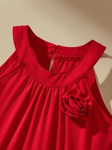 SHEIN 女童红色无袖连衣裙，饰有3D立体花朵和荷叶边下摆，优雅甜美可爱，尽显淑女气质，适合派对、公主裙等场合，夏季穿着。 - 紅色 - 查看 11