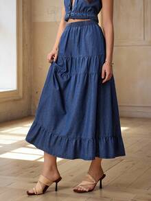 Selenza 女士休闲水洗荷叶边半身裙 - 藍色 - 查看 6