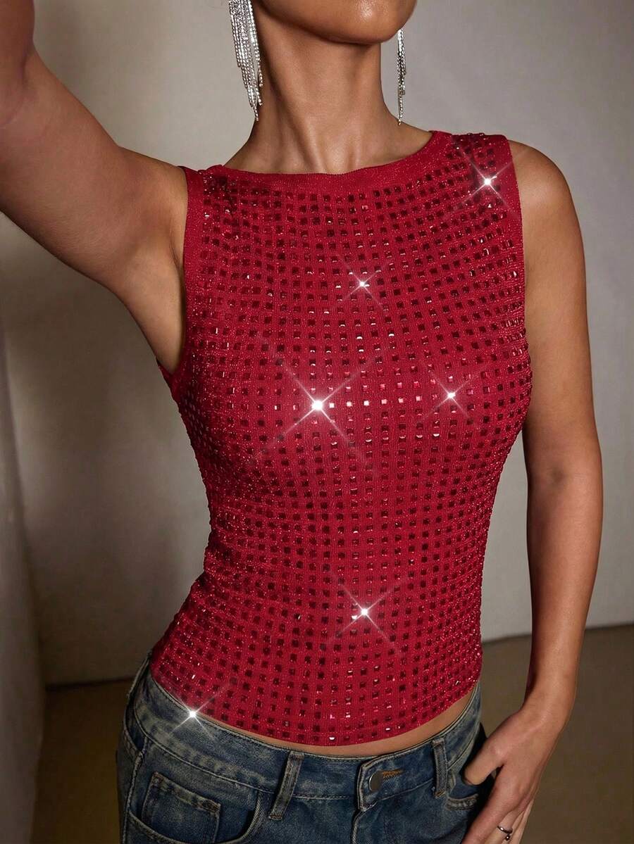 SHEIN BAE 秋季纯色酒红色水钻水晶无袖紧身优雅女士背心，适合派对、夜店、鸡尾酒会、宴会、夜间外出、舞会、约会、秋冬季叠穿 - 紅色 - 查看 1