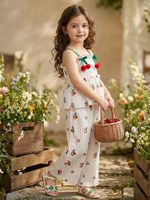 SHEIN Vintaside Kids 两件套女童数码印花花卉装饰吊带背心和松紧腰阔腿裤套装，适合夏季休闲、海滩、派对等场合。 - 白色 - 查看 5