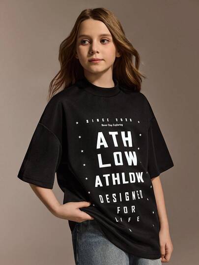 SHEIN Girls' Black Short Sleeve T-Shirt, Letter Print Pattern, Stylish And Fashionable, Similar To Designer Brand, Loose Fit, Versatile Styling, Street-Chic Cool Girl Top