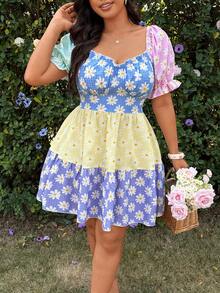 Sunnyshic Plus Size Fashionable Sexy Halter High Slit Dress, Suitable For Parties, Music Festivals Patchwork Dress Daisy Dress Picnic Dress Wildflower Dress - Gold - View 4
