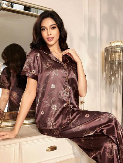LuxeNights Vintage Print Faux Silk Lapel Short Sleeve Pajama Set For Women