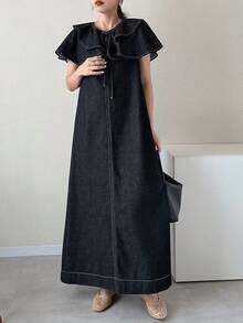 FRIFUL Women's Ruffle Tie Neck Loose Straight Casual Denim Dress - Blue - View 6