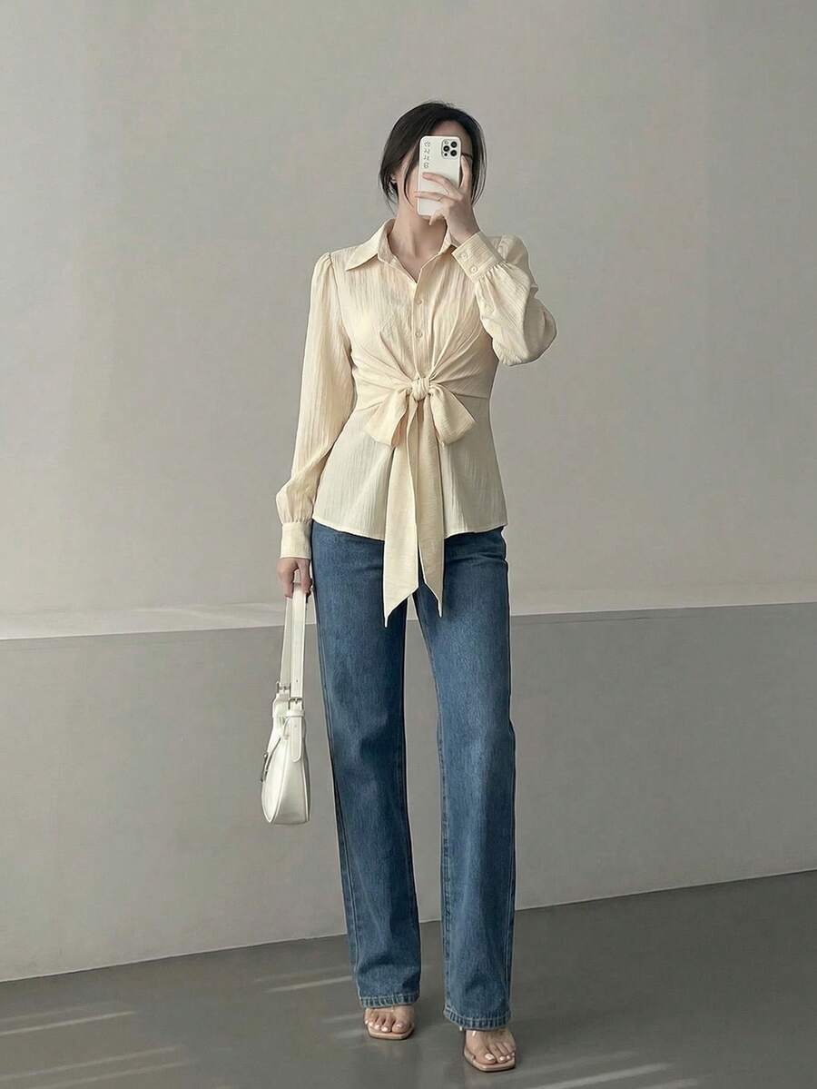 Modelyn 女士休闲、办公、通勤纯色前系结长袖衬衫,春秋季 - 淡黃色 - 查看 1