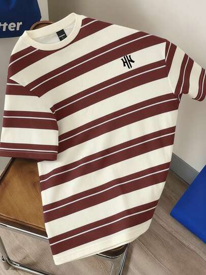 Manfinity Joysei Men's Round Neck Short Sleeve Striped Casual T-Shirt, Versatile For Summer