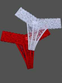 ROMWE Kawaii 3 条装性感女式蕾丝丁字裤，90% 聚酰胺 10% 氨纶，薄款 T 背比基尼丁字裤，针织面料，纯色，低腰，165gsm 轻盈内衣 - 彩色 - 查看 4