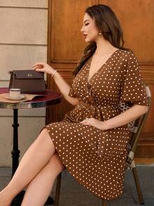 SHEIN Unity Plus Size Polka Dot Wrap Ruffle Hem Short Sleeve Summer Dress - Coffee Brown - View 8