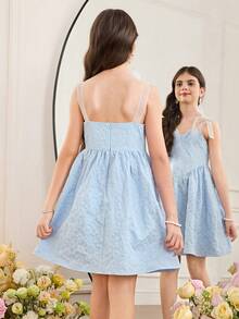 SHEIN Tween Girl Elegant Color Block Spaghetti Strap Peplum A-Line Dress - Baby Blue - View 3