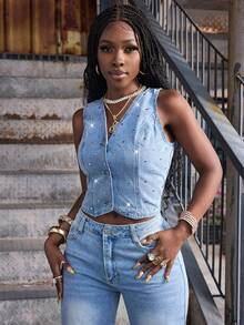 Slaydiva Áo sơ mi denim nữ thời trang mùa xuân/hè, kiểu dáng thường ngày, cài khuy phía trước, có đinh tán. - Màu xanh lam - Xem 3