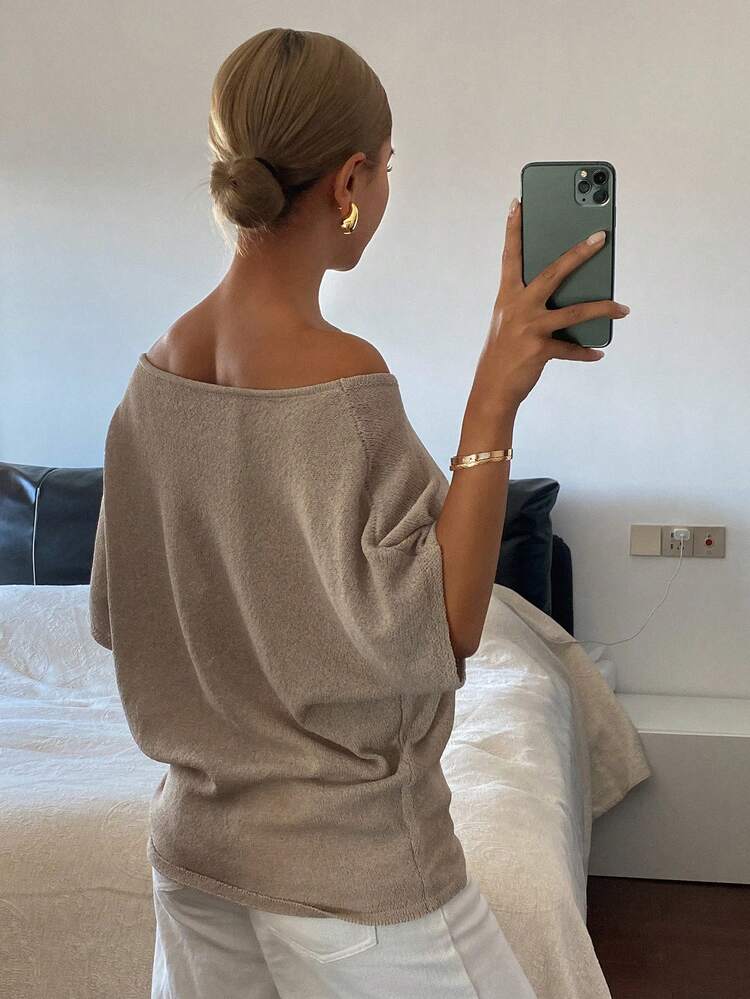 Women's Loose Fit Solid Color Cold-Shoulder Half Sleeve Casual Vacation Lightweight Knit Sweater, Spring/Autumn Summer