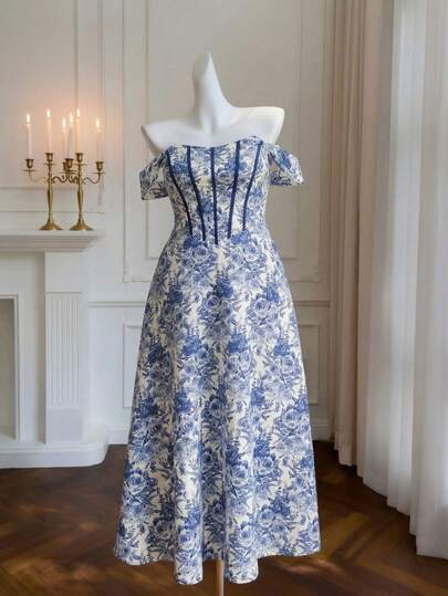 SHEIN MOD Plus Size Elegant Floral Print Off-Shoulder Dress