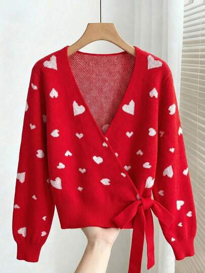 Franclia Romantic Valentine's Day Themed Red Pullover Cardigan With Heart-Shaped Jacquard Design, Versatile And Stylish Party Outfit. Features Include A Long-Sleeved Round Neck, Elegant And Fitted Evening Wear, Elegant Sweater, Elegant Dress, Wedding Guest Dress, Wedding Party Dress, Valentine's Day Cardigan Sweater, Valentine's Day Clothing, And Elegant Party/Birthday Top.