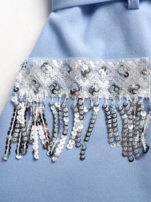 2件套少女宽松可爱立领无袖连衣裙和翻领外套 - 藍色 - 查看 3